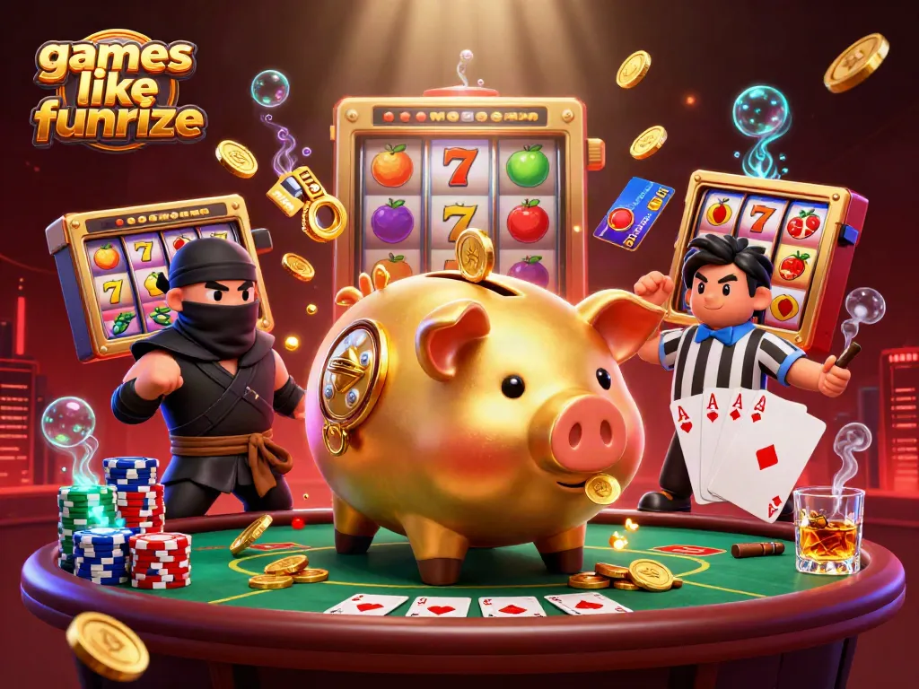 Experience games like funrize with our vibrant 3D scene featuring a golden piggy bank, ninja, and samurai.