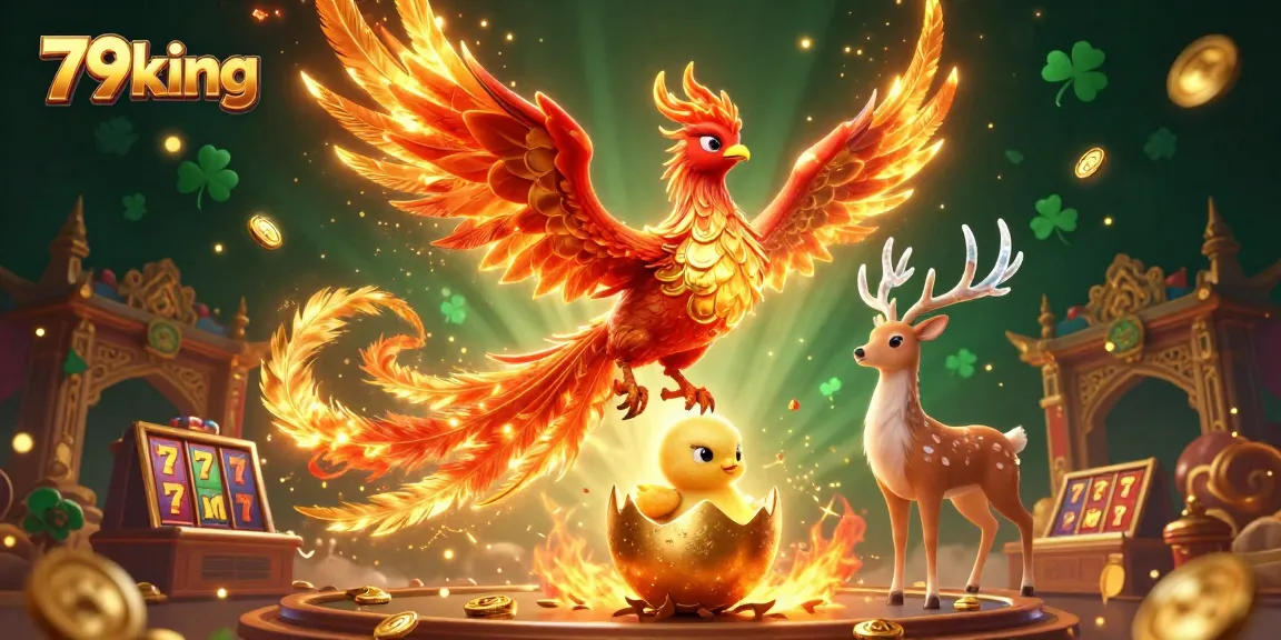 Experience the thrill at 79king with vibrant phoenixes soaring amidst casino elements.
