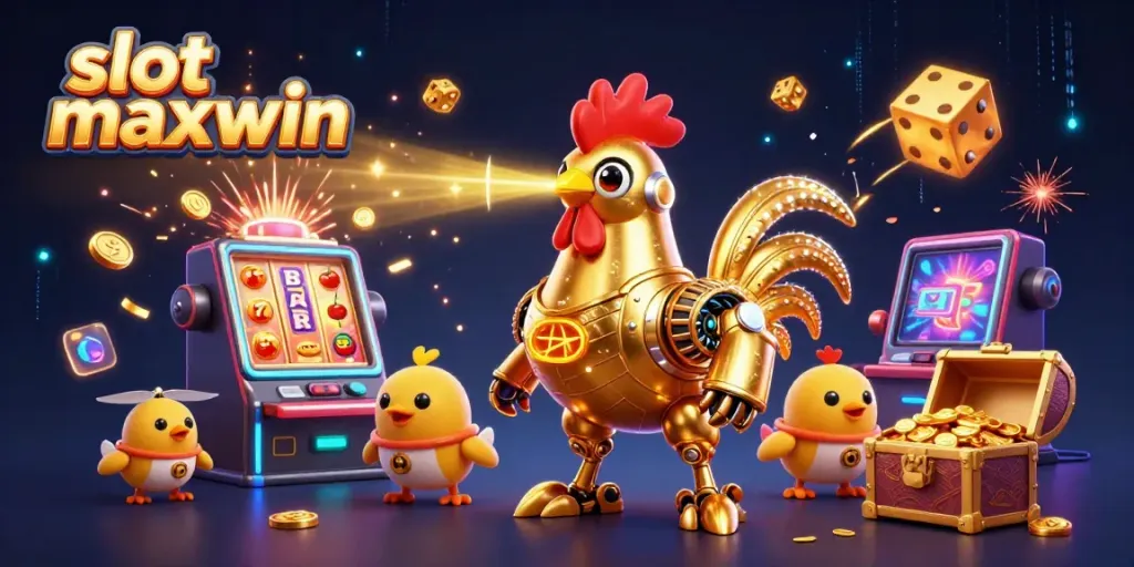 Experience the thrill of slot maxwin with an ultra-detailed 3D illustration of a golden rooster robot and baby chick drones.