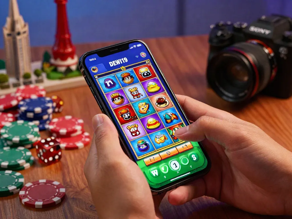 Pengguna aplikasi DEWI19 memainkan game slot di smartphone dengan suasana meriah.