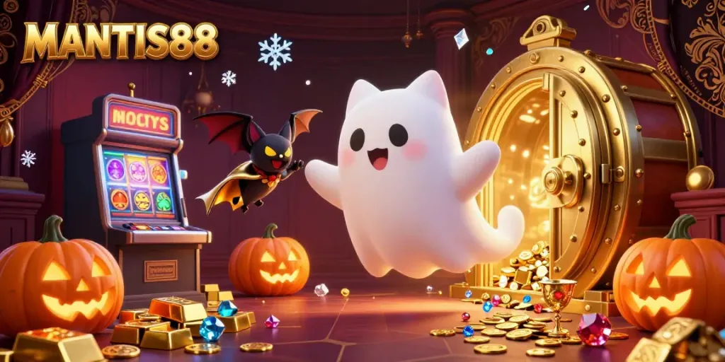 MANTIS88 showcases casino excitement with a ghost cat and bat in a vibrant haunted mansion scene.