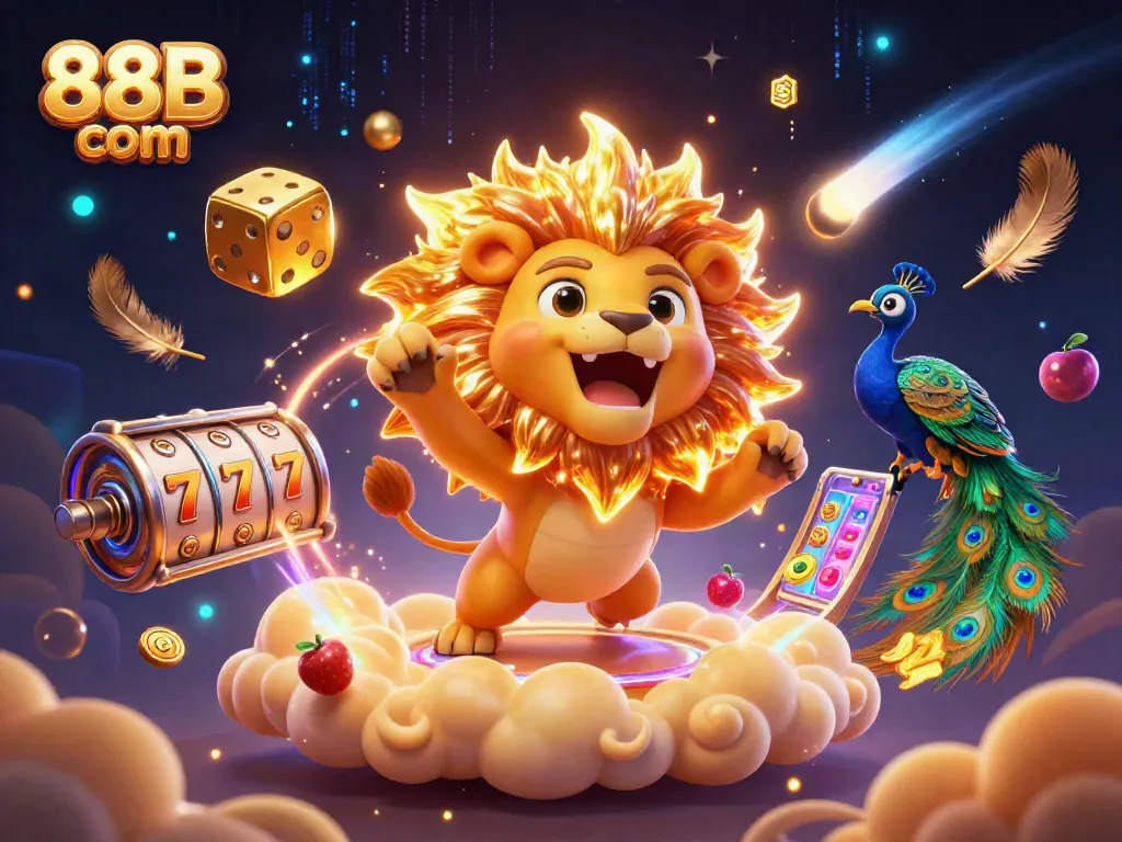 Bet big with 88B com in a vibrant casino scene featuring roaring lion and golden dice.