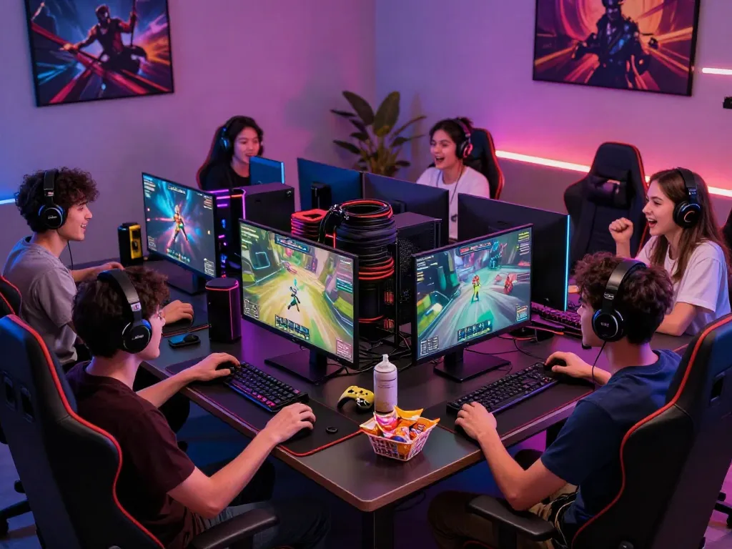 Group of friends playing akunjp online games in a colorful gaming setup.