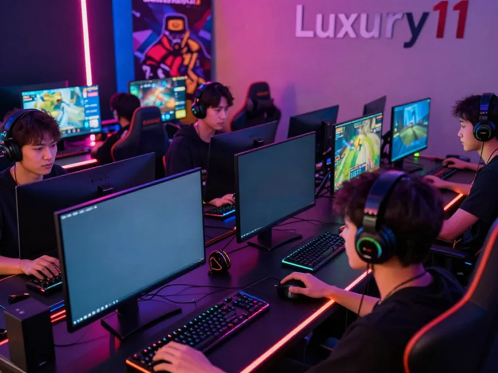 Engaged players enjoying game online in a vibrant gaming lounge atmosphere