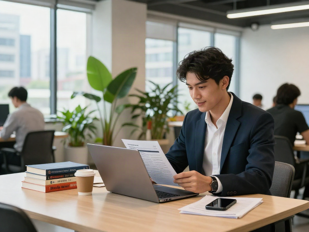 Engaged professional searching forหางาน in a vibrant coworking space.