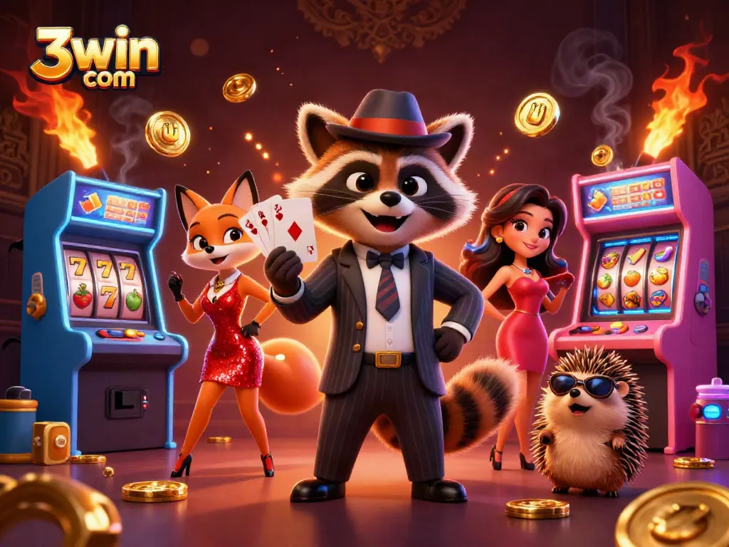 Engage in thrilling games at 3win com with a suave raccoon holding a royal flush surrounded by vibrant casino elements.