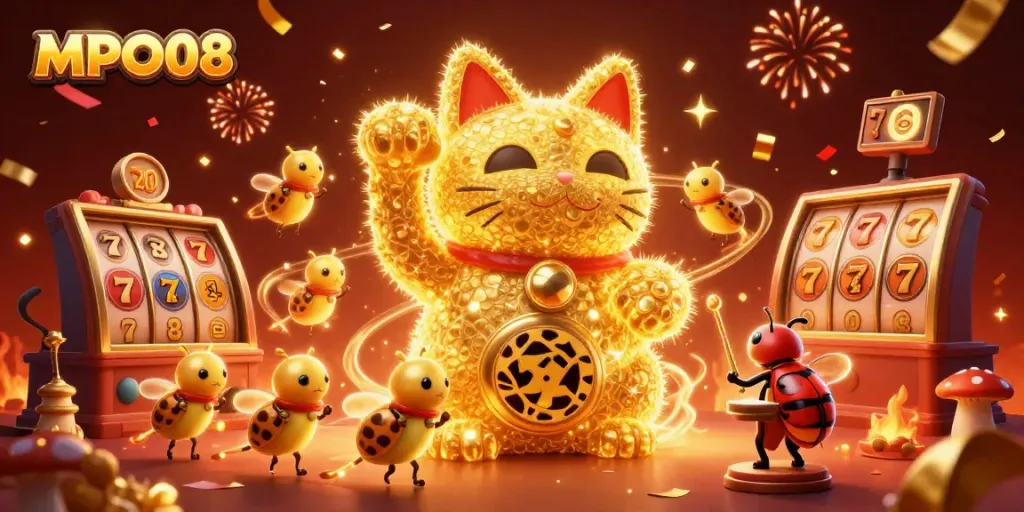 MPO08 showcases a vibrant 3D scene of a lucky cat and casino symbols in a dynamic celebration