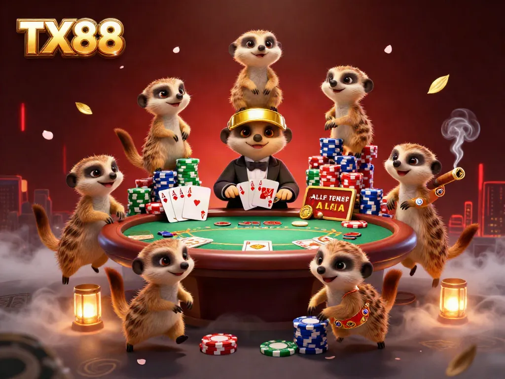 TX88 meerkats running a vibrant casino operation, showcasing dynamic poker action and colorful chips.