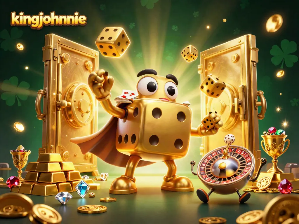 Engage with kingjohnnie's vibrant casino scene featuring majestic dice, treasures, and lively game elements.