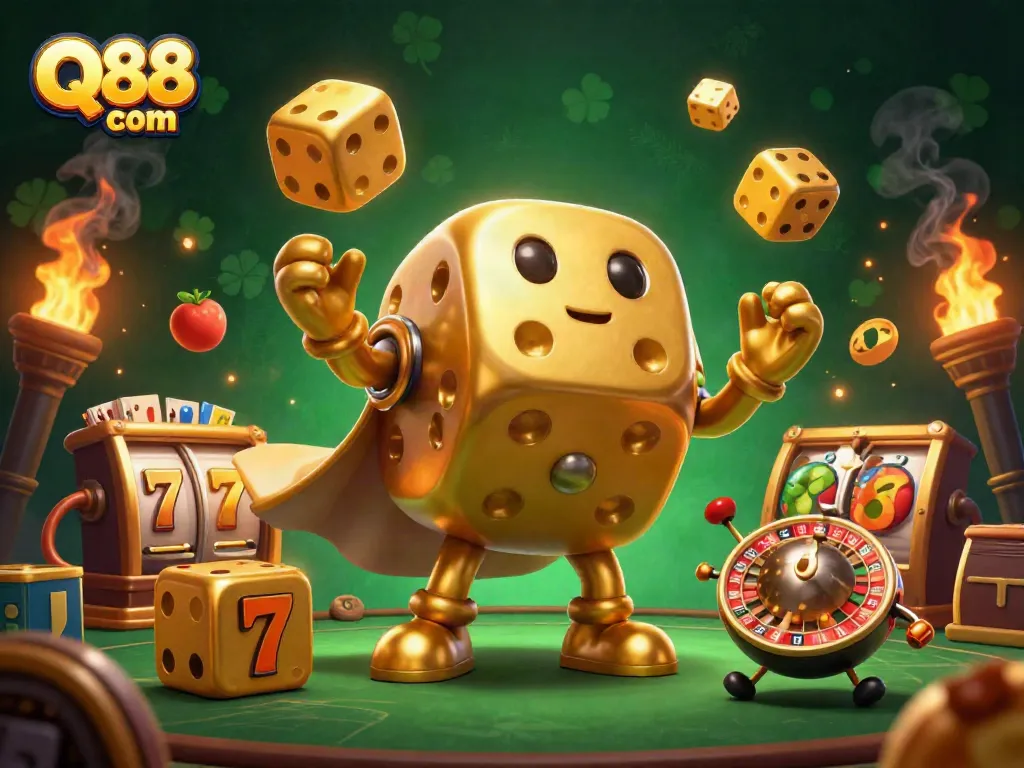 Experience the thrill of Q88 com with a vibrant 3D illustration of a golden dice golem amidst dynamic gambling elements.