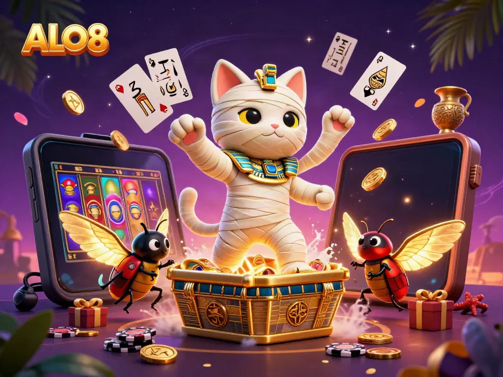 Experience thrilling gameplay at ALO8 as vibrant slot game reels spin amidst ancient Egyptian motifs.