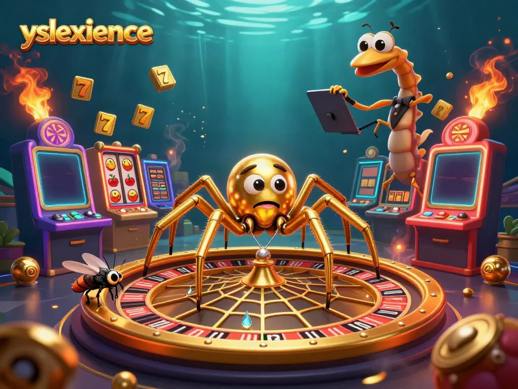 Experience the thrilling casino excitement with yslexperience featuring a golden spider spinning a roulette wheel web.