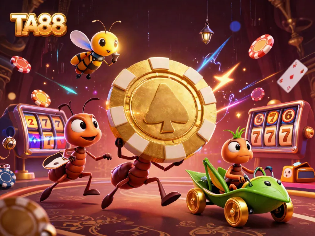 TA88 casino adventure with ants carrying a giant poker chip amidst vibrant gambling symbols.