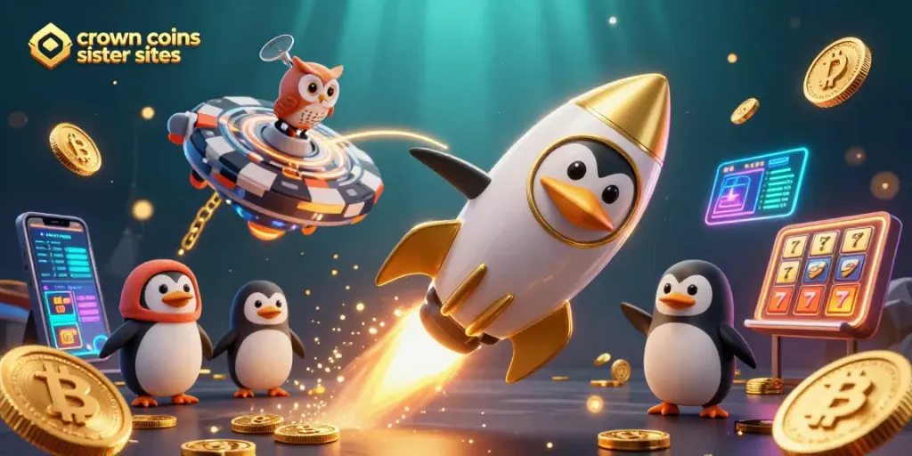Ignite your gaming adventure with crown coins casino sister sites, featuring a golden penguin in a vibrant casino galaxy.