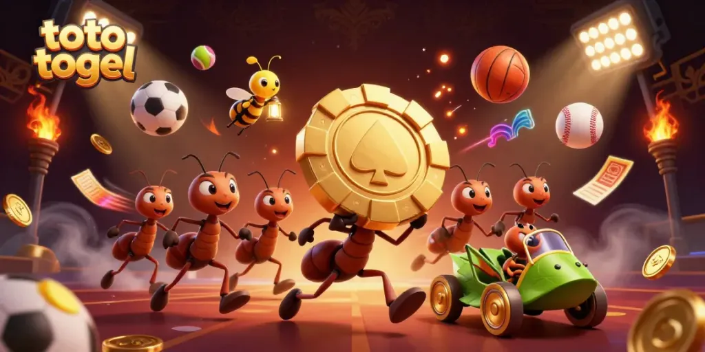 Experience a thrilling toto togel heist scene with cartoon ants and dynamic sports elements.