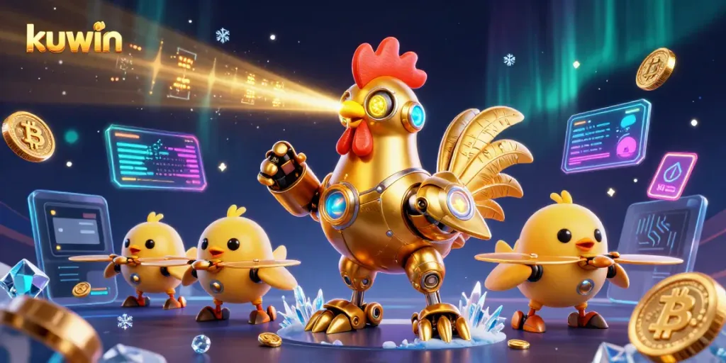 Kuwin enhances gaming experiences with a futuristic rooster robot and vibrant crypto elements.