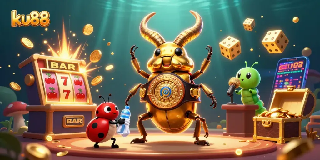 ku88 gaming scene showcasing a golden stag beetle champion with casino elements and vibrant visuals
