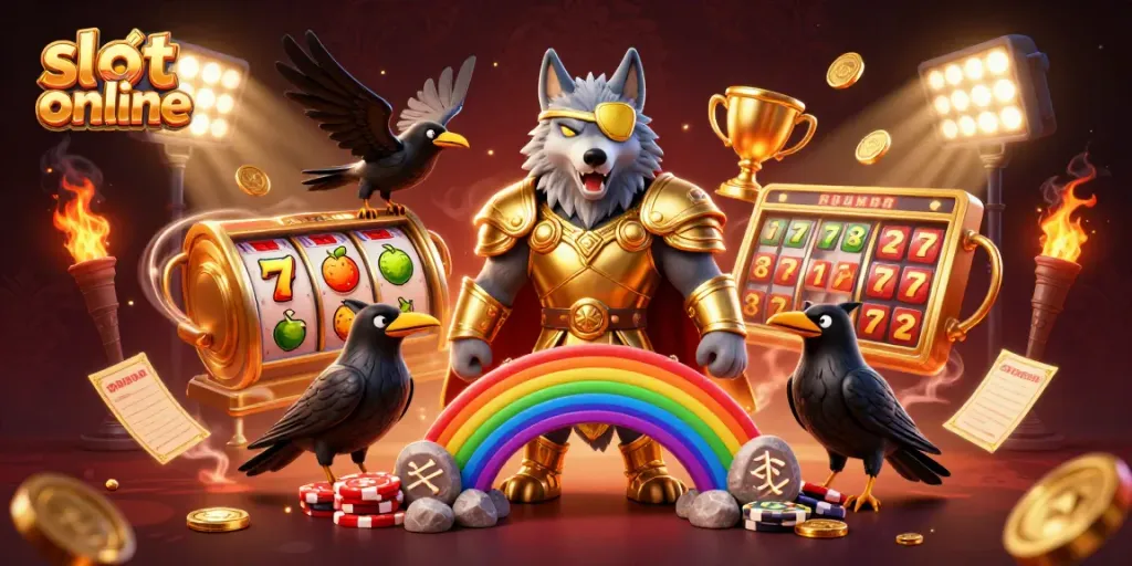 Experience thrilling slot online action with vibrant slot reels and jackpot symbols in a 3D casino scene.