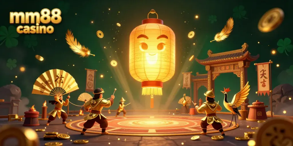 Engage with mm88 casino in this vibrant 3D illustration showcasing a golden lantern spirit amidst an energetic casino environment.