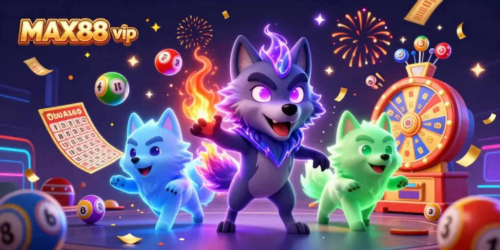 Engage with the vibrant MAX88 vip casino experience featuring dynamic lottery elements and ghostly wolf characters.