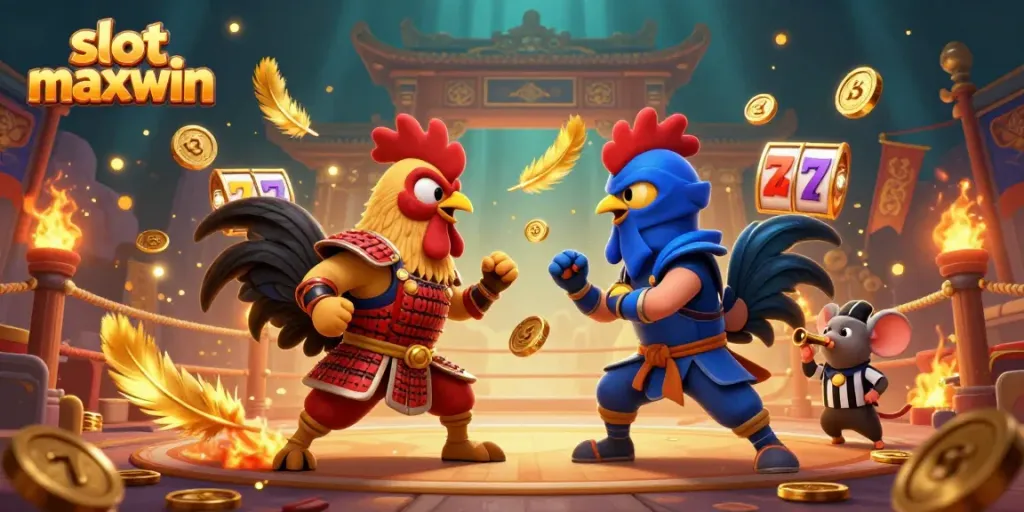 Experience excitement with slot maxwin in this dynamic rooster showdown featuring vibrant gaming elements.