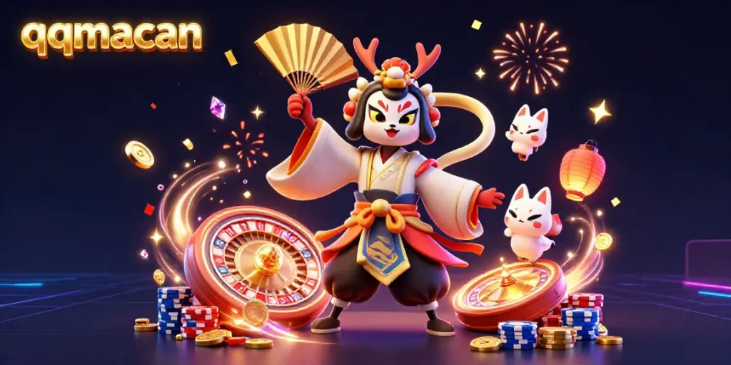 Engage in the vibrant world of qqmacan with kabuki warriors amidst swirling treasures and dazzling effects.