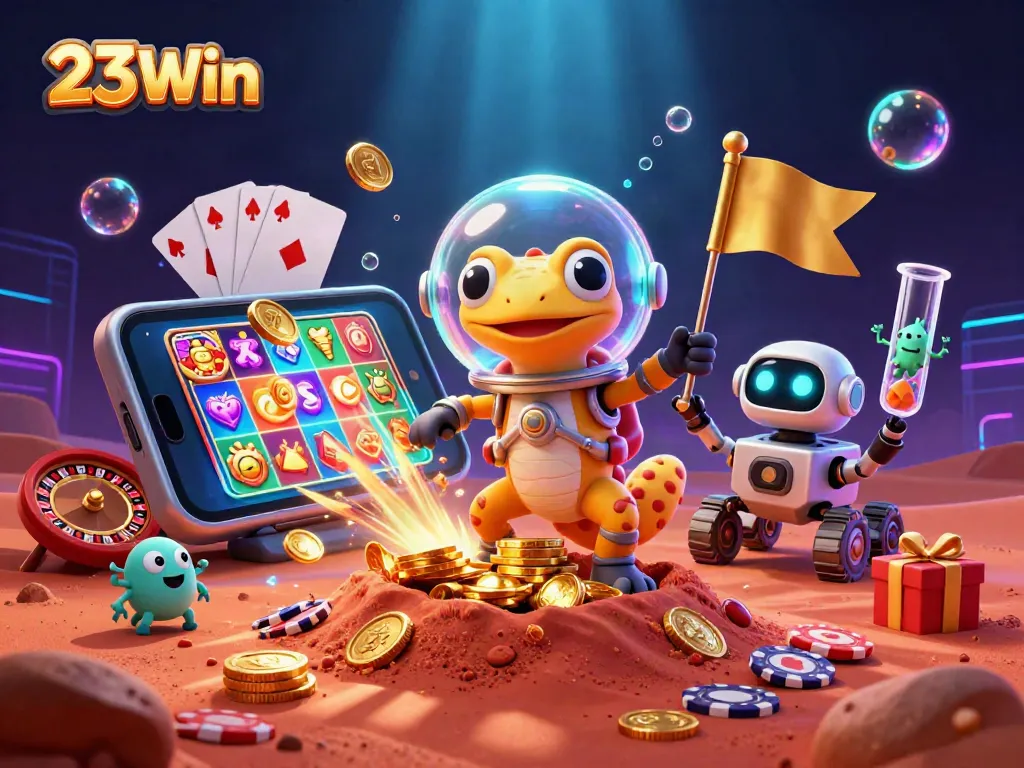 Experience winning fun with 23Win in a vibrant Martian casino adventure illustration.