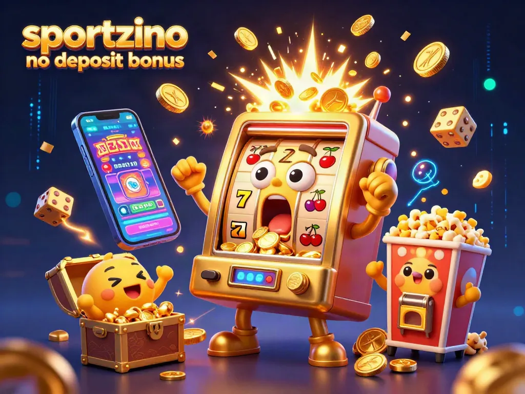 Claim the sportzino no deposit bonus with a vibrant digital casino scene showcasing an animated golden slot machine celebrating