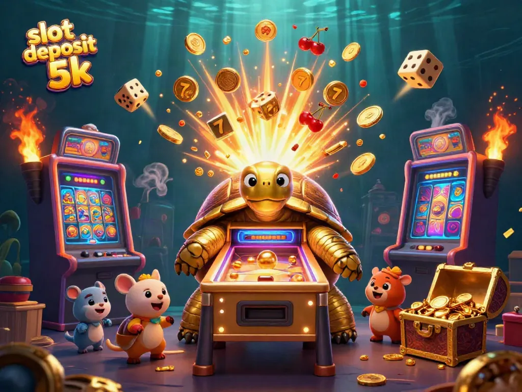 Engaging illustration of slot deposit 5k with an animated tortoise pinball machine and vibrant casino elements.