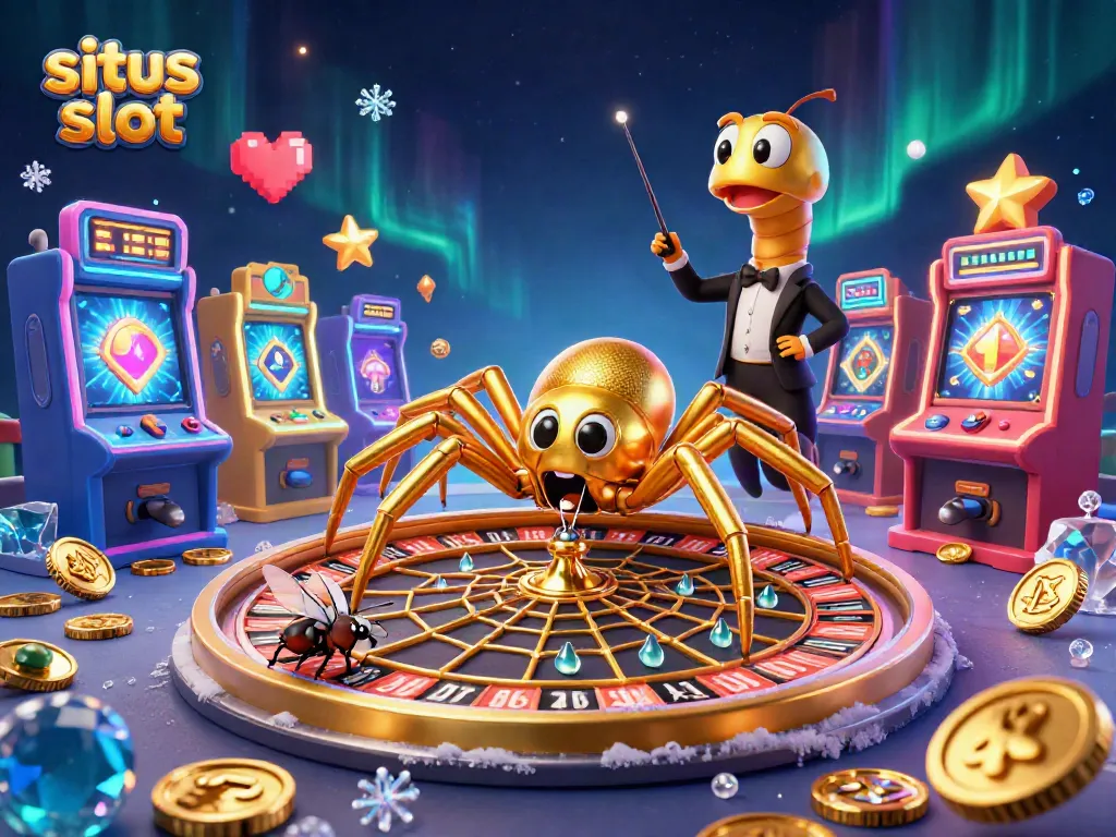 Engage with situs slot as a golden spider spins a roulette wheel, featuring vibrant slot machines and colorful gaming elements.