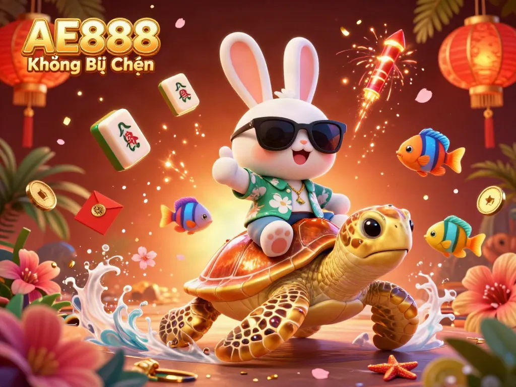 Experience AE888 Không Bị Chặn with vibrant casino elements and whimsical characters in a 3D scene.
