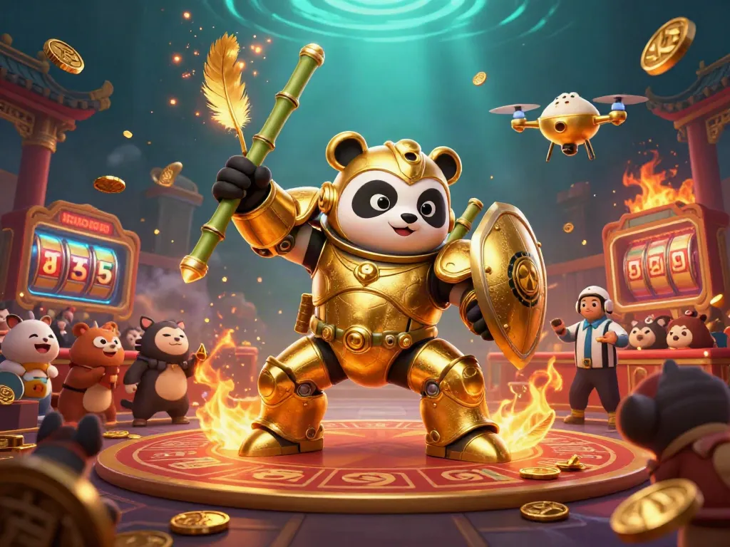Yono Games engages players with thrilling casino action featuring a mech-suit golden panda amidst stunning visuals.