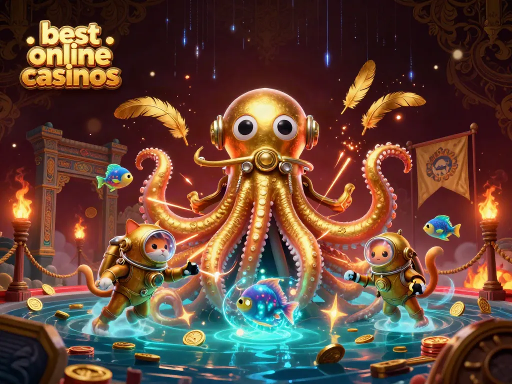 Experience the best online casinos with a 3D kraken, diving cat, and treasures amidst casino elements.