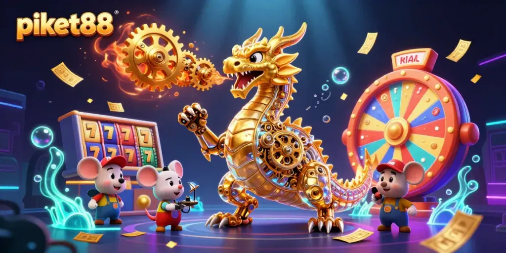 Win big with piket88 as the golden dragon breathes out golden gears in a vibrant casino scene.