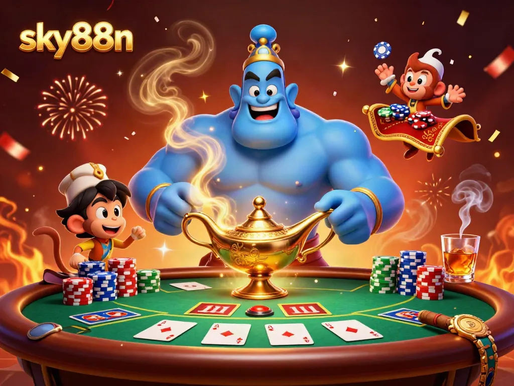 Experience thrilling wins with sky88n in a lively casino scene featuring a genie and poker elements.