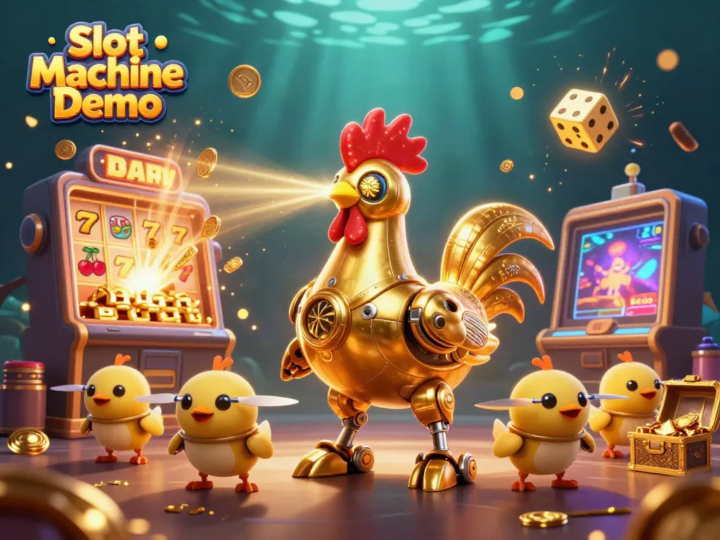 Experience Slot Machine Demo with a vibrant 3D scene featuring a golden rooster robot and baby chick drones among dazzling slots and game elements.