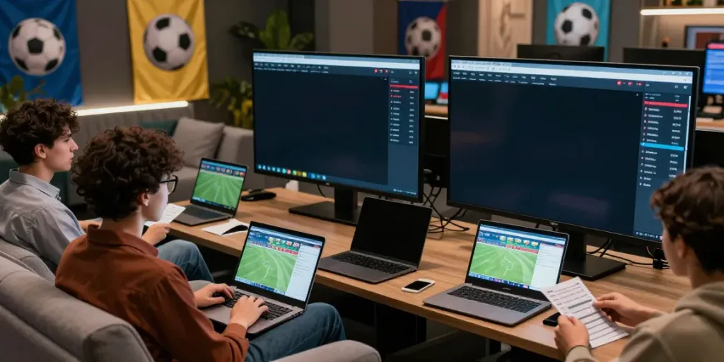 WWBOLA sports betting enthusiasts analyzing match data in a modern lounge.