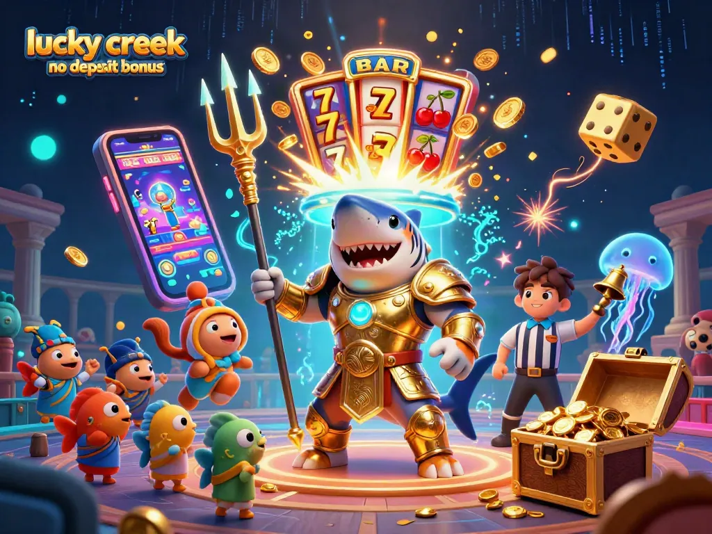 Win exciting rewards with the lucky creek casino no deposit bonus, featuring vibrant 3D gambling elements.