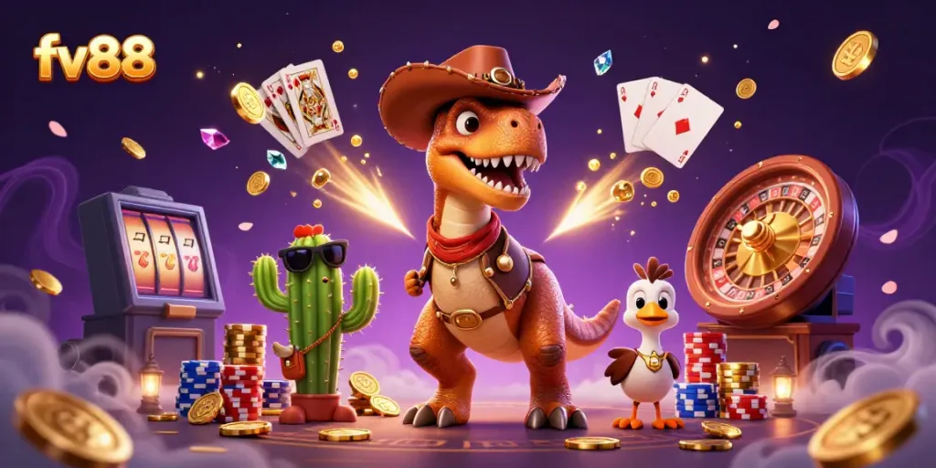Engage with fun at fv88, featuring animated characters amidst casino symbols like coins and cards.