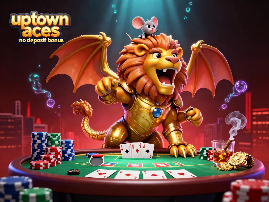 Experience the excitement of the uptown aces no deposit bonus in this dynamic 3D casino scene showcasing poker chips and a triumphant chimera.