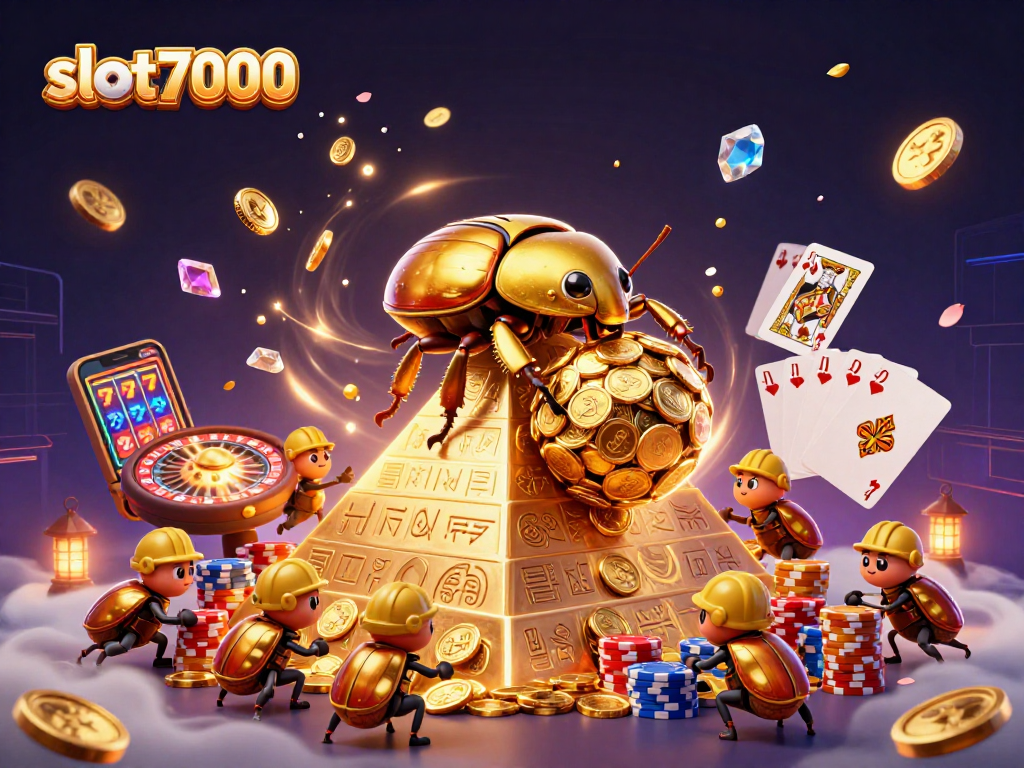 Slot7000 menghadirkan permainan seru dengan simbol kasino dan koin emas yang berkilauan.