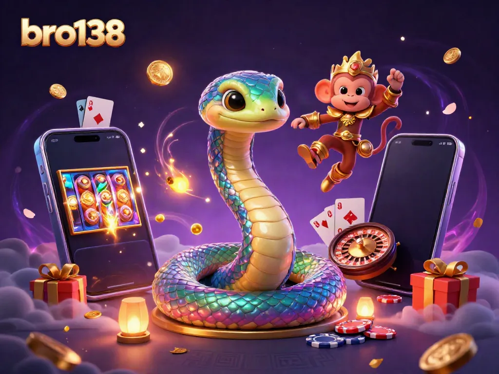 Engage with bro138's exciting gameplay through magical 3D casino illustration featuring a playful monkey king and rainbow serpent.