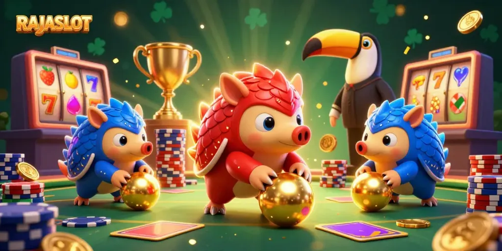RAJASLOT menghadirkan pengalaman bermain slot yang megah dengan pangolin bersaing di tengah simbol kemenangan.