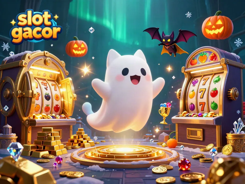 Experience slot gacor thrills with a playful ghost cat and treasures in a haunted casino.