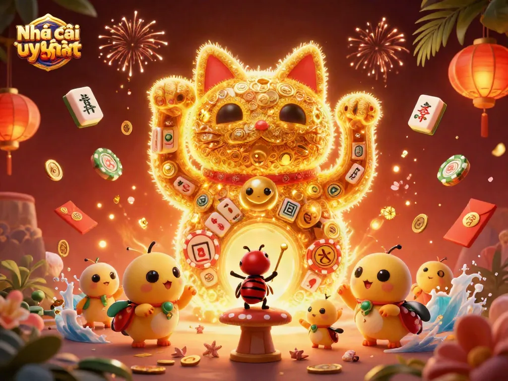 Engage with Nhà cái uy tín in this vibrant 3D scene showcasing a lucky cat and casino elements.
