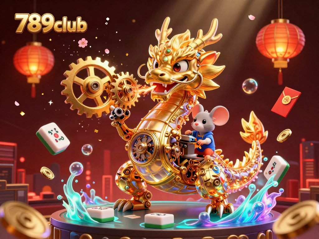 Experience the thrill of 789club with a vibrant scene of a golden dragon amidst glowing casino elements.