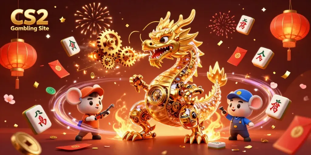 Experience thrilling action at a CS2 Gambling Site with a dynamic 3D illustration of a golden dragon.
