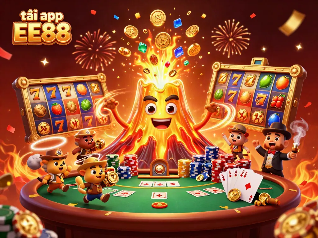 Play and win with tải app EE88, surrounded by a triumphant volcano and colorful slot reels.