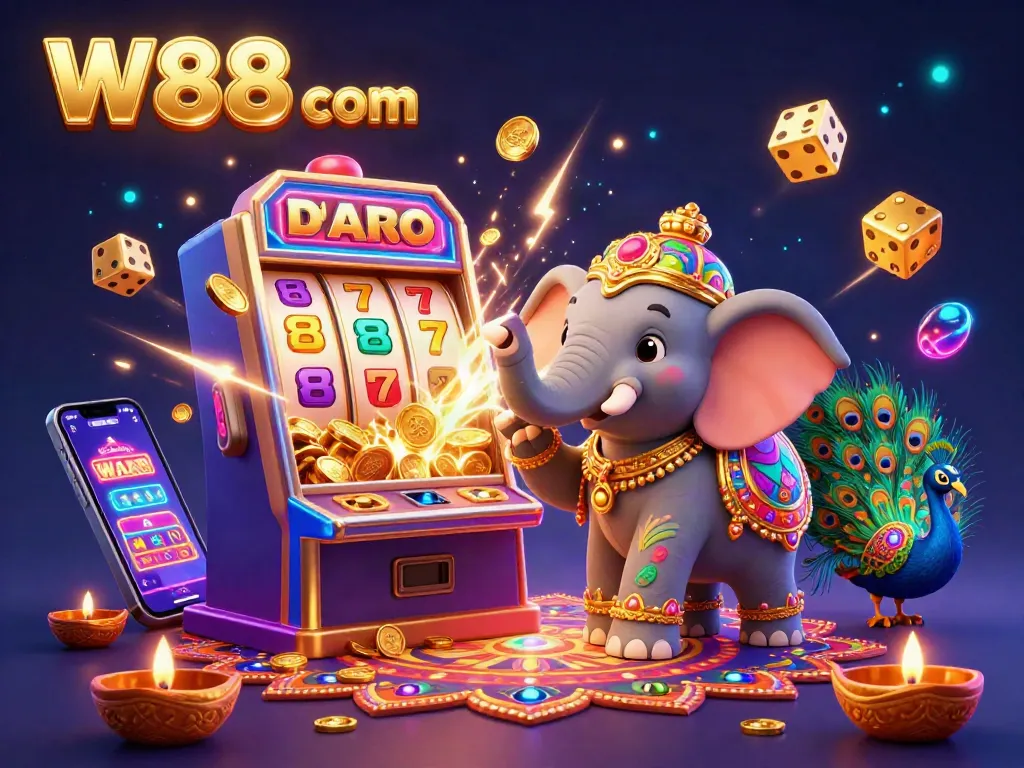 Join the excitement of W88 com with vibrant gameplay featuring slot machines and festive characters.