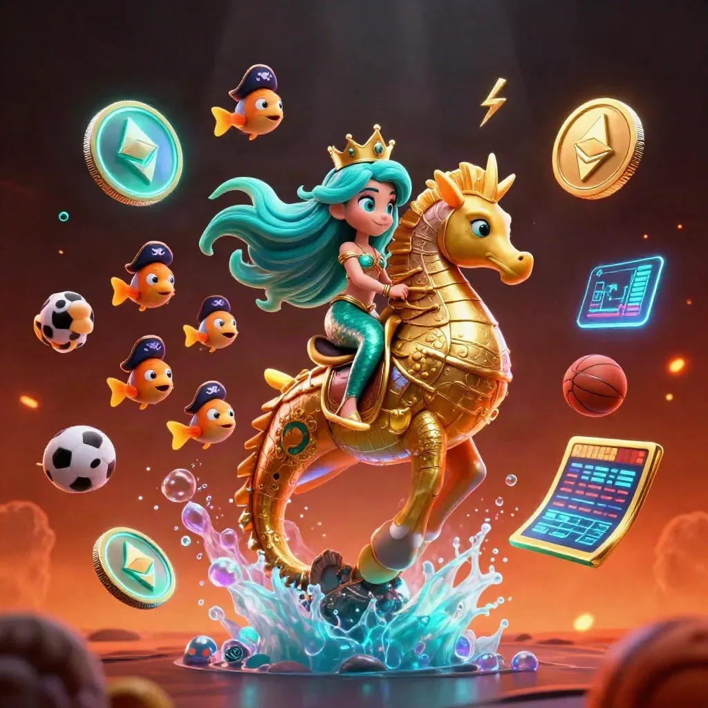 Mermaid princess on armored seahorse with neon coins, sports props, and glowing underwater casino energy.